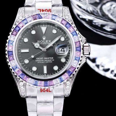 GB Factory ROLEX Gem model Replica Rolex Yacht-Master Replica Silver steel Case with colored diamond diameter 40mm Watch